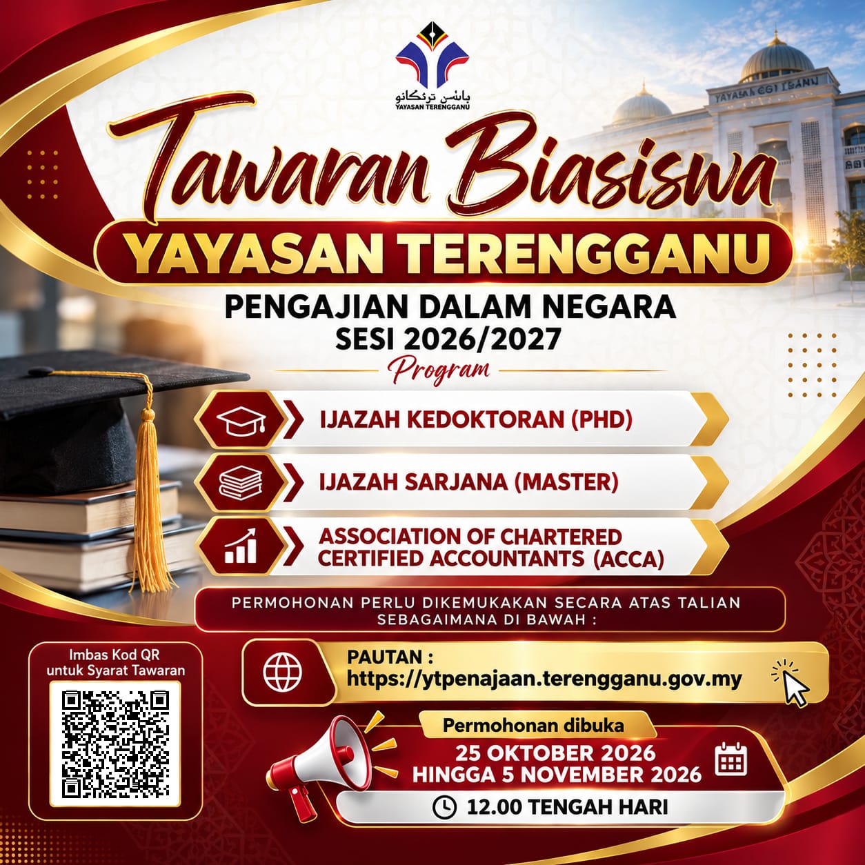 Tawaran Biasiswa Yayasan Terengganu Bagi Pengajian Dalam Negara Sesi 2026/2027 (PhD, Master dan ACCA)