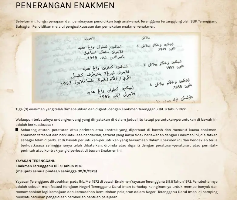 Petikan penerangan Enakmen Yayasan Terengganu Bil. 9 Tahun 1972